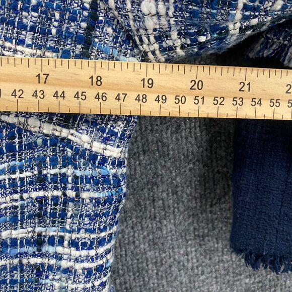 Chicos Jacket 0 Womens S Blue Tweed Snap On Fringe Long Career Ladies Preppy - Picture 9 of 11